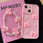 Soft Silicone 3D Bowknot Pearl Phone Case with Beaded Wrist Strap, For iPhone 15 Pro, For iPhone 15, For iPhone 14, For iPhone 14 Pro, For iPhone 14 Pro Max