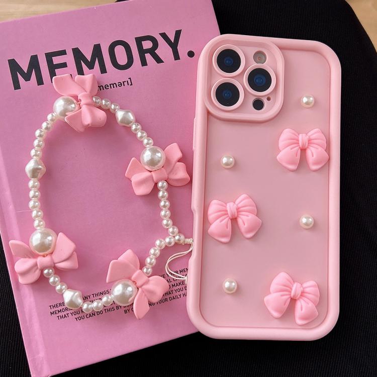 Soft Silicone 3D Bowknot Pearl Phone Case with Beaded Wrist Strap, For iPhone 17 Pro Max, For iPhone 17 Pro, For iPhone 17, For iPhone Air, For iPhone 16 Pro Max, For iPhone 16 Pro, For iPhone 16, For iPhone 15 Pro Max