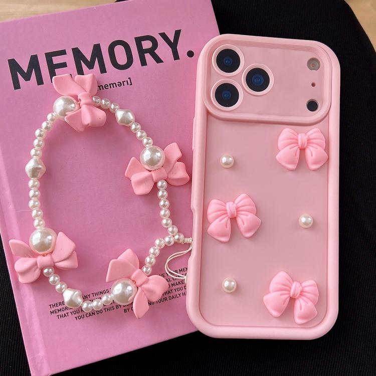 Soft Silicone 3D Bowknot Pearl Phone Case with Beaded Wrist Strap, For iPhone 17 Pro Max, For iPhone 17 Pro, For iPhone 17, For iPhone Air, For iPhone 16 Pro Max, For iPhone 16 Pro, For iPhone 16, For iPhone 15 Pro Max
