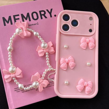 Soft Silicone 3D Bowknot Pearl Phone Case with Beaded Wrist Strap, For iPhone 17 Pro Max, For iPhone 17 Pro, For iPhone 17, For iPhone Air, For iPhone 16 Pro Max, For iPhone 16 Pro, For iPhone 16, For iPhone 15 Pro Max
