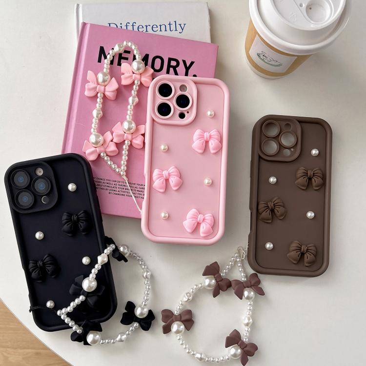 Soft Silicone 3D Bowknot Pearl Phone Case with Beaded Wrist Strap, For iPhone 17 Pro Max, For iPhone 17 Pro, For iPhone 17, For iPhone Air, For iPhone 16 Pro Max, For iPhone 16 Pro, For iPhone 16, For iPhone 15 Pro Max