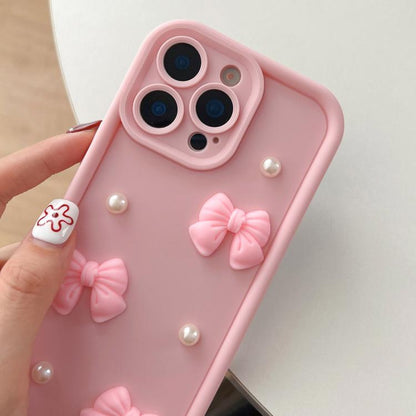 Soft Silicone 3D Bowknot Pearl Phone Case with Beaded Wrist Strap, For iPhone 15 Pro, For iPhone 15, For iPhone 14, For iPhone 14 Pro, For iPhone 14 Pro Max