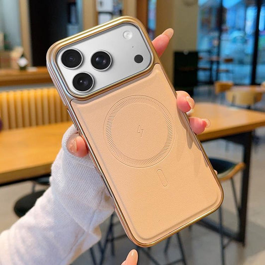 Electroplated PC Side Vegan Leather-Texture MagSafe Phone Case, For iPhone 17 Pro Max, For iPhone 17 Pro, For iPhone 17, For iPhone Air, For iPhone 16 Pro Max, For iPhone 16 Pro