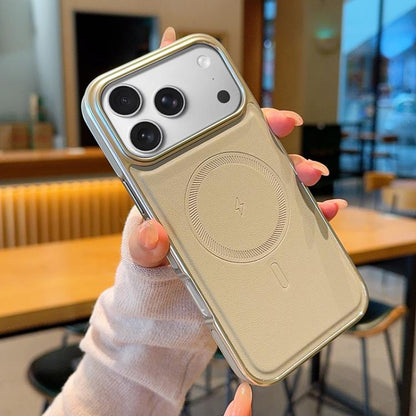 Electroplated PC Side Vegan Leather-Texture MagSafe Phone Case, For iPhone 17 Pro Max, For iPhone 17 Pro, For iPhone 17, For iPhone Air, For iPhone 16 Pro Max, For iPhone 16 Pro