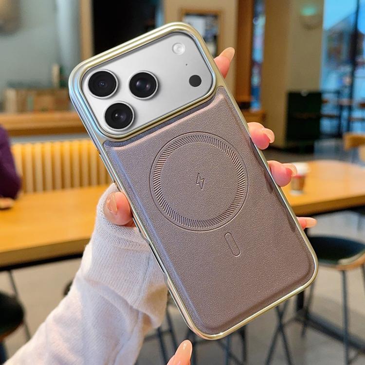 Electroplated PC Side Vegan Leather-Texture MagSafe Phone Case, For iPhone 17 Pro Max, For iPhone 17 Pro, For iPhone 17, For iPhone Air, For iPhone 16 Pro Max, For iPhone 16 Pro