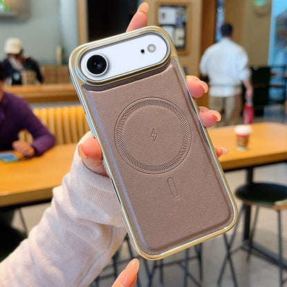 Electroplated PC Side Vegan Leather-Texture MagSafe Phone Case, For iPhone 17 Pro Max, For iPhone 17 Pro, For iPhone 17, For iPhone Air, For iPhone 16 Pro Max, For iPhone 16 Pro