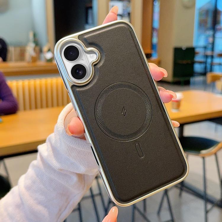 Electroplated PC Side Vegan Leather-Texture MagSafe Phone Case, For iPhone 16, For iPhone 15 Pro Max, For iPhone 15 Pro, For iPhone 15