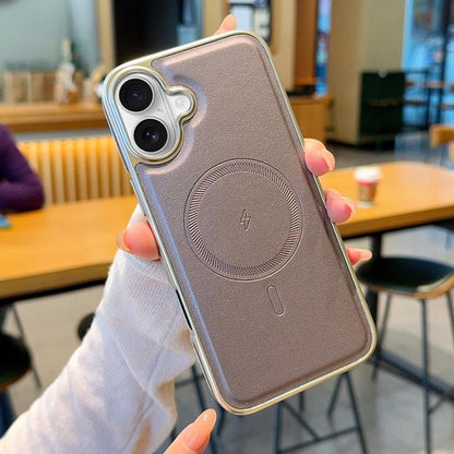 Electroplated PC Side Vegan Leather-Texture MagSafe Phone Case, For iPhone 16, For iPhone 15 Pro Max, For iPhone 15 Pro, For iPhone 15