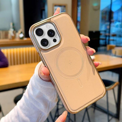 Electroplated PC Side Vegan Leather-Texture MagSafe Phone Case, For iPhone 16, For iPhone 15 Pro Max, For iPhone 15 Pro, For iPhone 15