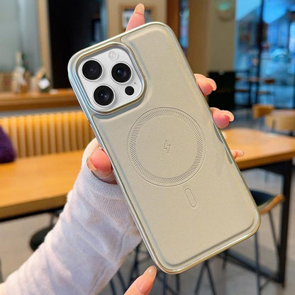 Electroplated PC Side Vegan Leather-Texture MagSafe Phone Case, For iPhone 16, For iPhone 15 Pro Max, For iPhone 15 Pro, For iPhone 15