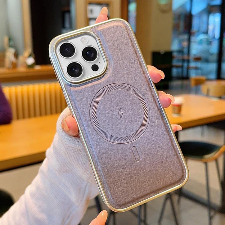Electroplated PC Side Vegan Leather-Texture MagSafe Phone Case, For iPhone 16, For iPhone 15 Pro Max, For iPhone 15 Pro, For iPhone 15