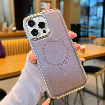Electroplated PC Side Vegan Leather-Texture MagSafe Phone Case, For iPhone 16, For iPhone 15 Pro Max, For iPhone 15 Pro, For iPhone 15
