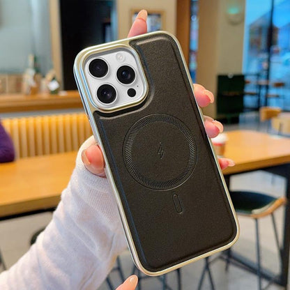 Electroplated PC Side Vegan Leather-Texture MagSafe Phone Case, For iPhone 16, For iPhone 15 Pro Max, For iPhone 15 Pro, For iPhone 15
