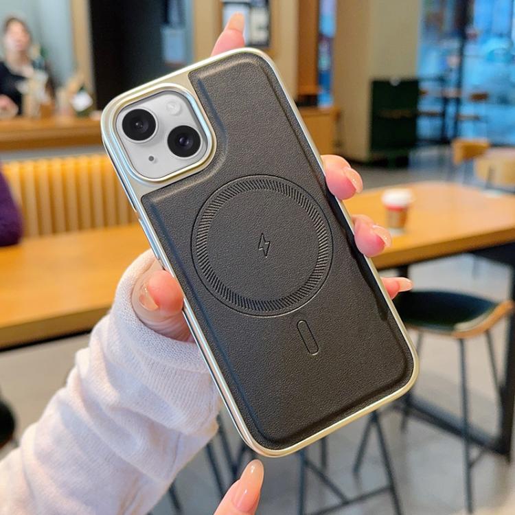 Electroplated PC Side Vegan Leather-Texture MagSafe Phone Case, For iPhone 16, For iPhone 15 Pro Max, For iPhone 15 Pro, For iPhone 15