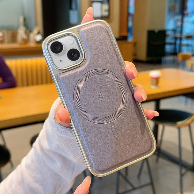 Electroplated PC Side Vegan Leather-Texture MagSafe Phone Case, For iPhone 16, For iPhone 15 Pro Max, For iPhone 15 Pro, For iPhone 15