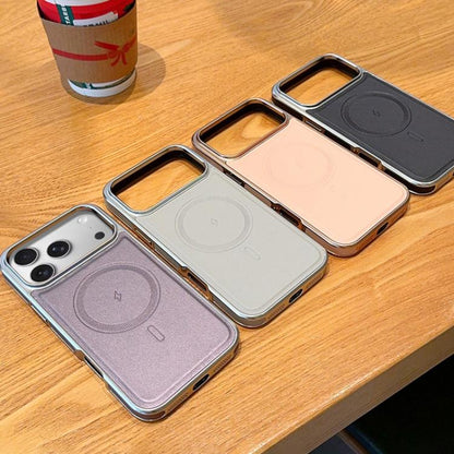 Electroplated PC Side Vegan Leather-Texture MagSafe Phone Case, For iPhone 17 Pro Max, For iPhone 17 Pro, For iPhone 17, For iPhone Air, For iPhone 16 Pro Max, For iPhone 16 Pro