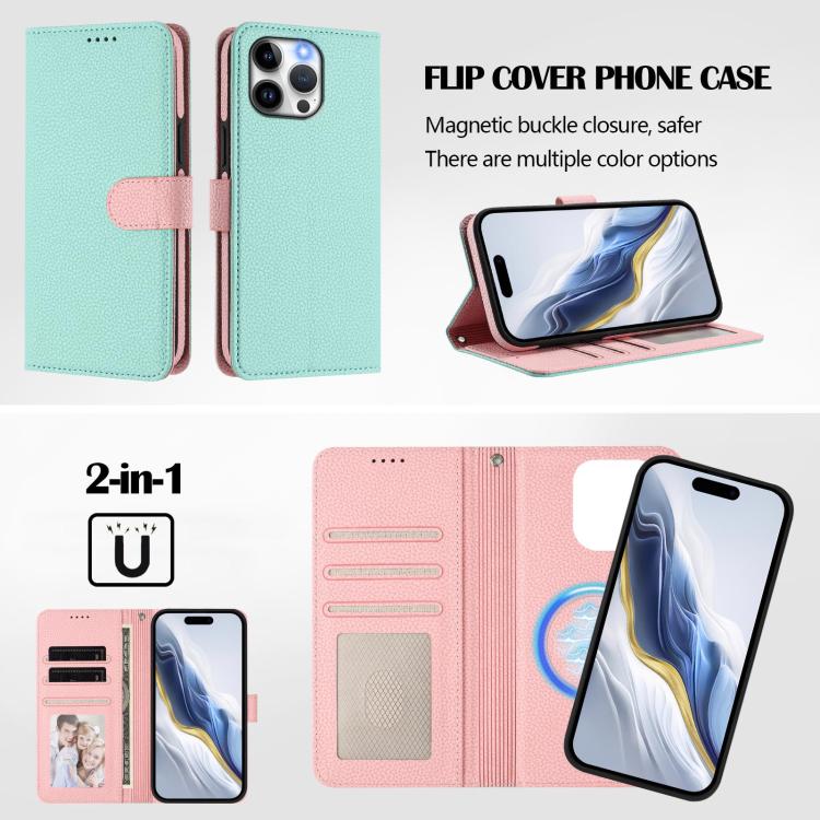 Detachable Litchi Texture Magnetic Side-Patch Vegan Leather Phone Case, For iPhone 15 Pro Max, For iPhone 15 Pro, For iPhone 15 Plus, For iPhone 15