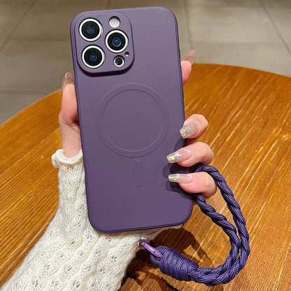 Solid Color Liquid Silicone Magnetic Phone Case with Lanyard, For iPhone 16 Pro Max