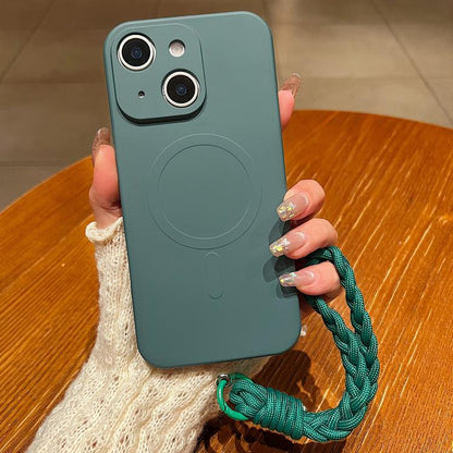 Solid Color Liquid Silicone Magnetic Phone Case with Lanyard, For iPhone 14