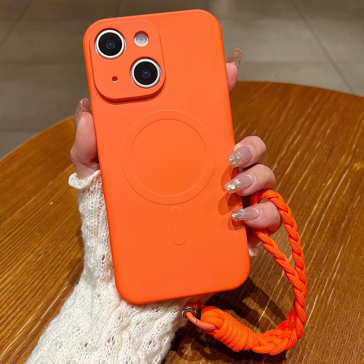 Solid Color Liquid Silicone Magnetic Phone Case with Lanyard, For iPhone 14