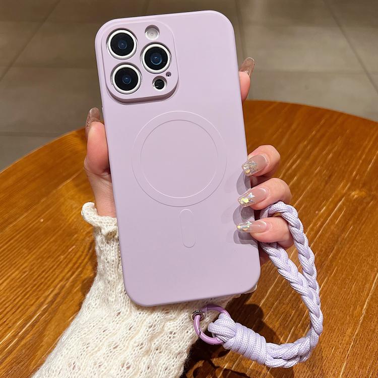 Solid Color Liquid Silicone Magnetic Phone Case with Lanyard, For iPhone 14 Pro