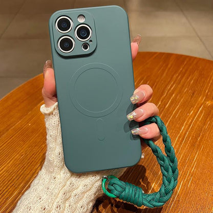 Solid Color Liquid Silicone Magnetic Phone Case with Lanyard, For iPhone 14 Pro Max