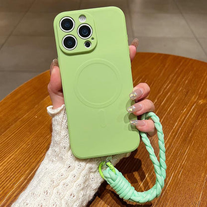Solid Color Liquid Silicone Magnetic Phone Case with Lanyard, For iPhone 14 Pro Max