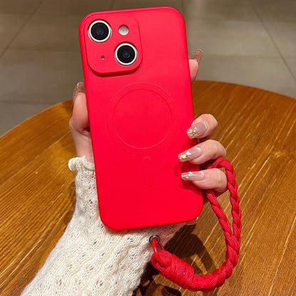 Solid Color Liquid Silicone Magnetic Phone Case with Lanyard, For iPhone 13