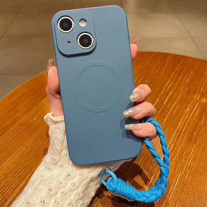 Solid Color Liquid Silicone Magnetic Phone Case with Lanyard, For iPhone 13