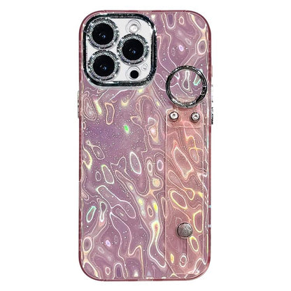 Plating Wrinkled Texture Wristband Holder TPU Phone Case with Lens Film, For iPhone 15 Pro Max, For iPhone 15 Pro, For iPhone 15, For iPhone 14, For iPhone 14 Pro, For iPhone 14 Pro Max, For iPhone 13 Pro Max, For iPhone 13 Pro