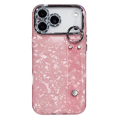Plating Shell Texture Wristband Holder TPU Phone Case with Lens Film, For iPhone 17 Pro Max, For iPhone 17 Pro, For iPhone 17, For iPhone Air, For iPhone 16 Pro Max, For iPhone 16 Pro, For iPhone 16 Plus, For iPhone 16
