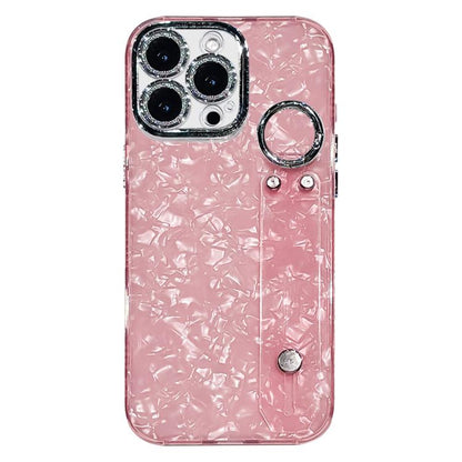 Plating Shell Texture Wristband Holder TPU Phone Case with Lens Film, For iPhone 17 Pro Max, For iPhone 17 Pro, For iPhone 17, For iPhone Air, For iPhone 16 Pro Max, For iPhone 16 Pro, For iPhone 16 Plus, For iPhone 16