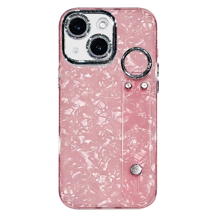Plating Shell Texture Wristband Holder TPU Phone Case with Lens Film, For iPhone 15 Pro Max, For iPhone 15 Pro, For iPhone 15, For iPhone 14, For iPhone 14 Pro, For iPhone 14 Pro Max, For iPhone 13 Pro Max, For iPhone 13 Pro