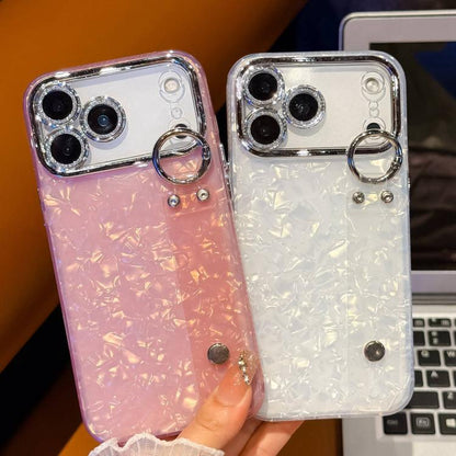 Plating Shell Texture Wristband Holder TPU Phone Case with Lens Film, For iPhone 15 Pro Max, For iPhone 15 Pro, For iPhone 15, For iPhone 14, For iPhone 14 Pro, For iPhone 14 Pro Max, For iPhone 13 Pro Max, For iPhone 13 Pro