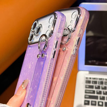 Plating Shell Texture Wristband Holder TPU Phone Case with Lens Film, For iPhone 15 Pro Max, For iPhone 15 Pro, For iPhone 15, For iPhone 14, For iPhone 14 Pro, For iPhone 14 Pro Max, For iPhone 13 Pro Max, For iPhone 13 Pro