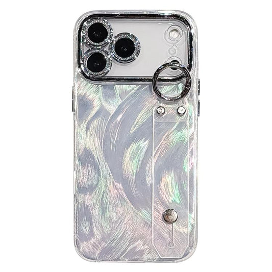 Plating Feather-Gauze Texture Wristband Holder TPU Phone Case with Lens Film, For iPhone 17 Pro Max, For iPhone 17 Pro, For iPhone 17, For iPhone Air, For iPhone 16 Pro Max, For iPhone 16 Pro, For iPhone 16 Plus, For iPhone 16