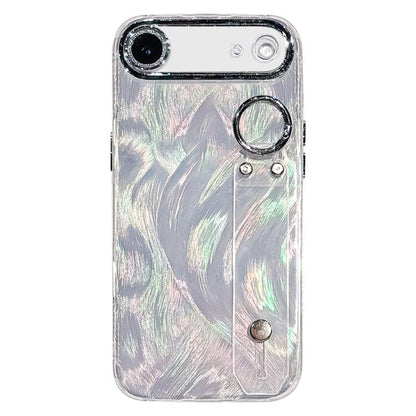 Plating Feather-Gauze Texture Wristband Holder TPU Phone Case with Lens Film, For iPhone 17 Pro Max, For iPhone 17 Pro, For iPhone 17, For iPhone Air, For iPhone 16 Pro Max, For iPhone 16 Pro, For iPhone 16 Plus, For iPhone 16