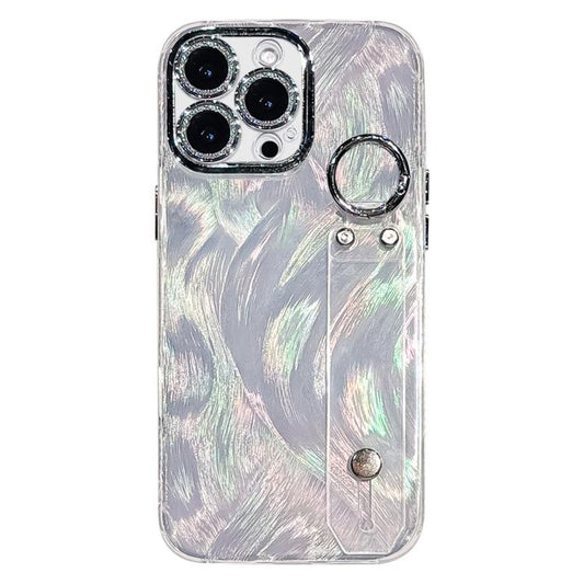 Plating Feather-Gauze Texture Wristband Holder TPU Phone Case with Lens Film, For iPhone 15 Pro Max, For iPhone 15 Pro, For iPhone 15, For iPhone 14, For iPhone 14 Pro, For iPhone 14 Pro Max, For iPhone 13 Pro Max, For iPhone 13 Pro