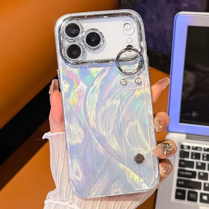 Plating Feather-Gauze Texture Wristband Holder TPU Phone Case with Lens Film, For iPhone 13
