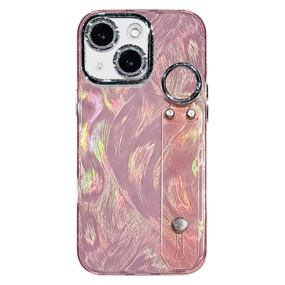 Plating Feather-Gauze Texture Wristband Holder TPU Phone Case with Lens Film, For iPhone 13