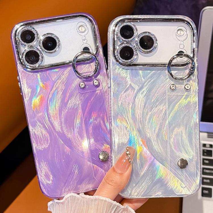Plating Feather-Gauze Texture Wristband Holder TPU Phone Case with Lens Film, For iPhone 13