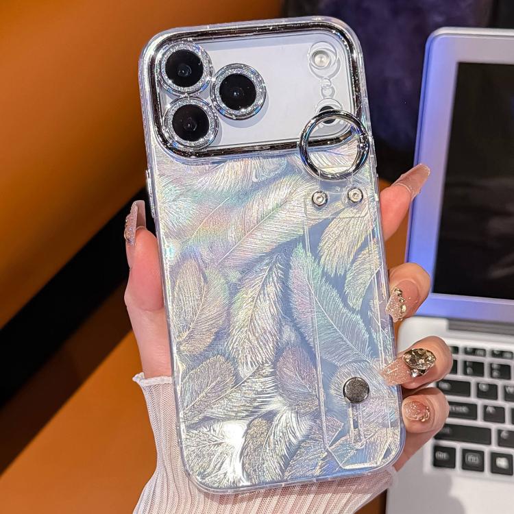 Plating Feather Texture Wristband Holder TPU Phone Case with Lens Film, For iPhone 17 Pro Max, For iPhone 17 Pro, For iPhone 17, For iPhone Air, For iPhone 16 Pro Max, For iPhone 16 Pro, For iPhone 16 Plus, For iPhone 16