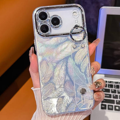 Plating Feather Texture Wristband Holder TPU Phone Case with Lens Film, For iPhone 17 Pro Max, For iPhone 17 Pro, For iPhone 17, For iPhone Air, For iPhone 16 Pro Max, For iPhone 16 Pro, For iPhone 16 Plus, For iPhone 16