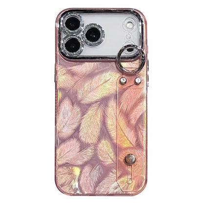 Plating Feather Texture Wristband Holder TPU Phone Case with Lens Film, For iPhone 17 Pro Max, For iPhone 17 Pro, For iPhone 17, For iPhone Air, For iPhone 16 Pro Max, For iPhone 16 Pro, For iPhone 16 Plus, For iPhone 16