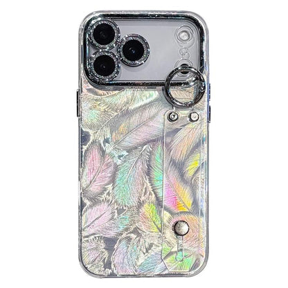 Plating Feather Texture Wristband Holder TPU Phone Case with Lens Film, For iPhone 17 Pro Max, For iPhone 17 Pro, For iPhone 17, For iPhone Air, For iPhone 16 Pro Max, For iPhone 16 Pro, For iPhone 16 Plus, For iPhone 16