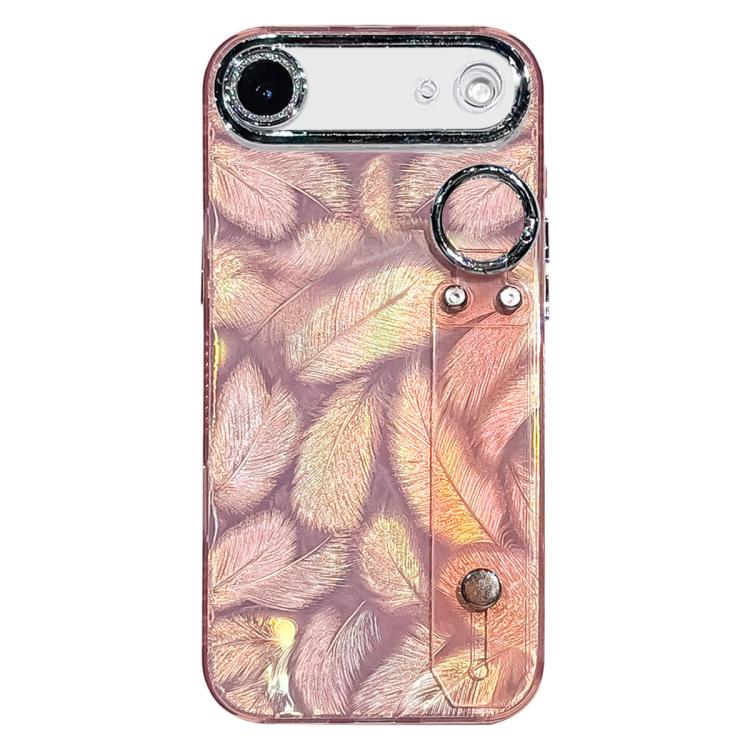 Plating Feather Texture Wristband Holder TPU Phone Case with Lens Film, For iPhone 17 Pro Max, For iPhone 17 Pro, For iPhone 17, For iPhone Air, For iPhone 16 Pro Max, For iPhone 16 Pro, For iPhone 16 Plus, For iPhone 16