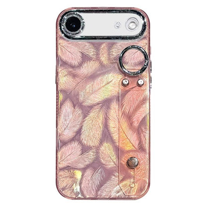 Plating Feather Texture Wristband Holder TPU Phone Case with Lens Film, For iPhone 17 Pro Max, For iPhone 17 Pro, For iPhone 17, For iPhone Air, For iPhone 16 Pro Max, For iPhone 16 Pro, For iPhone 16 Plus, For iPhone 16