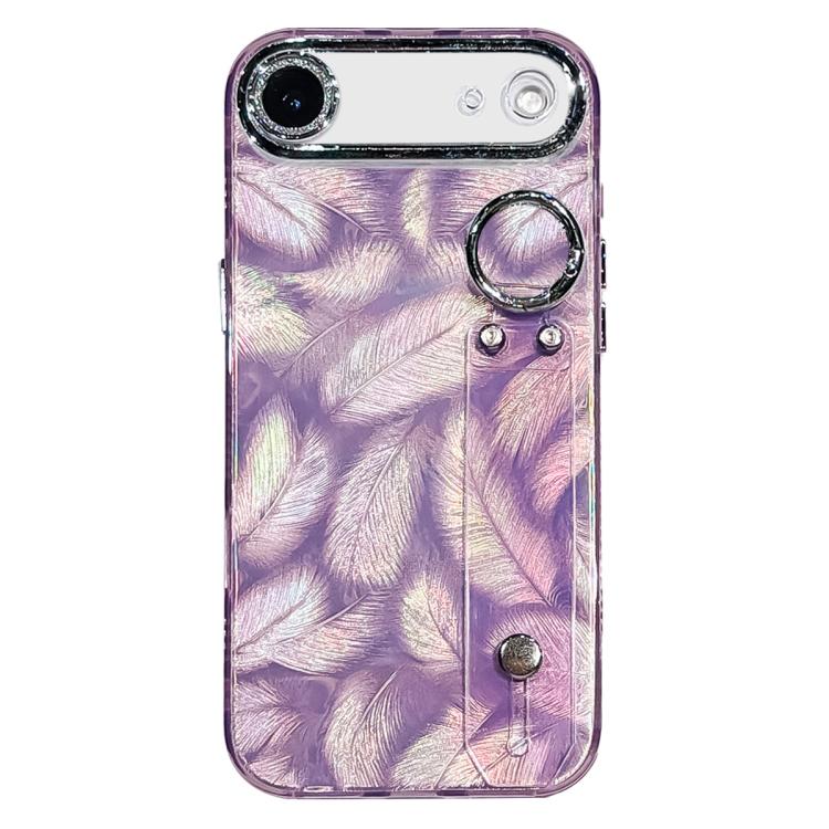 Plating Feather Texture Wristband Holder TPU Phone Case with Lens Film, For iPhone 17 Pro Max, For iPhone 17 Pro, For iPhone 17, For iPhone Air, For iPhone 16 Pro Max, For iPhone 16 Pro, For iPhone 16 Plus, For iPhone 16