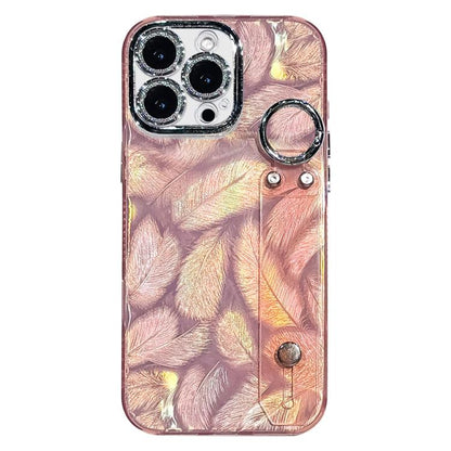 Plating Feather Texture Wristband Holder TPU Phone Case with Lens Film, For iPhone 17 Pro Max, For iPhone 17 Pro, For iPhone 17, For iPhone Air, For iPhone 16 Pro Max, For iPhone 16 Pro, For iPhone 16 Plus, For iPhone 16