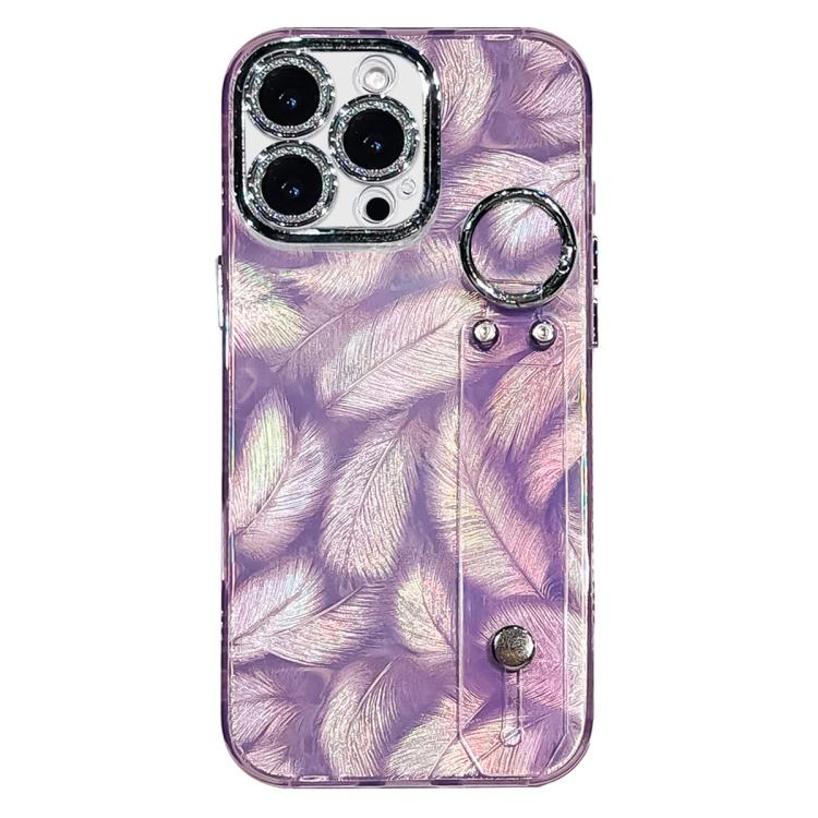 Plating Feather Texture Wristband Holder TPU Phone Case with Lens Film, For iPhone 17 Pro Max, For iPhone 17 Pro, For iPhone 17, For iPhone Air, For iPhone 16 Pro Max, For iPhone 16 Pro, For iPhone 16 Plus, For iPhone 16